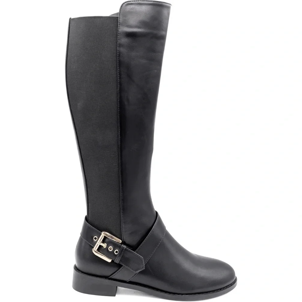 Liz Claiborne Black Leather Nicole Buckle Knee-High Riding Boots Stretch Sz 8.5M
